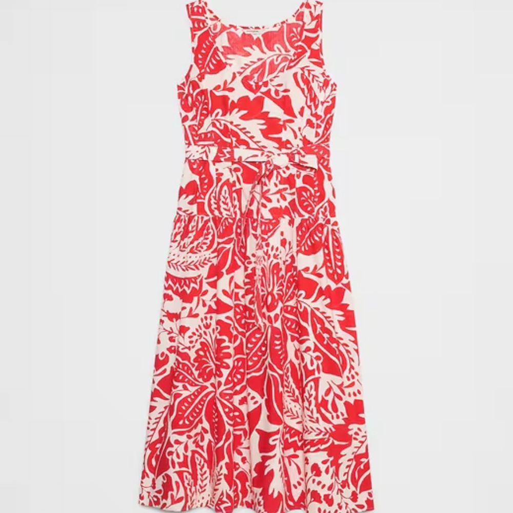 Red abstract floral corset drop waist poplin cotton dress - Picture 2 of 4